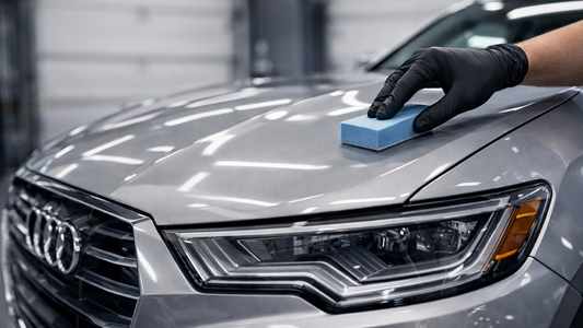 Detailer applying ceramic coating in Layton to a silver SUV in a climate-controlled shop environment for long-term paint protection.