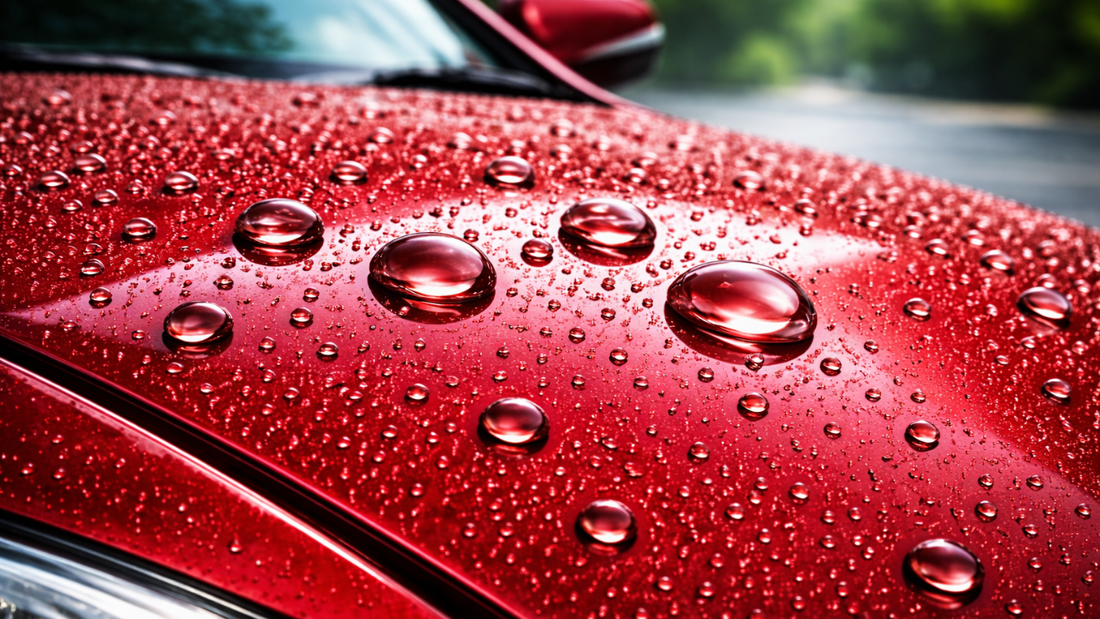 Water beading on the surface of a red car after ceramic coating protection.