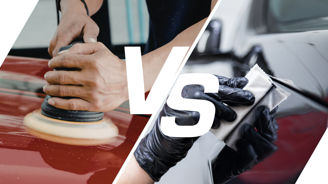 technician polishing car paint vs applying ceramic coating by hand for paint protection